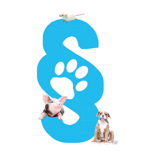 Cover der Broschüre "Tierschutzrechtliche Verbandsklage" mit Paragraphenzeichen, Pfotenabdruck, Hund und Schwein